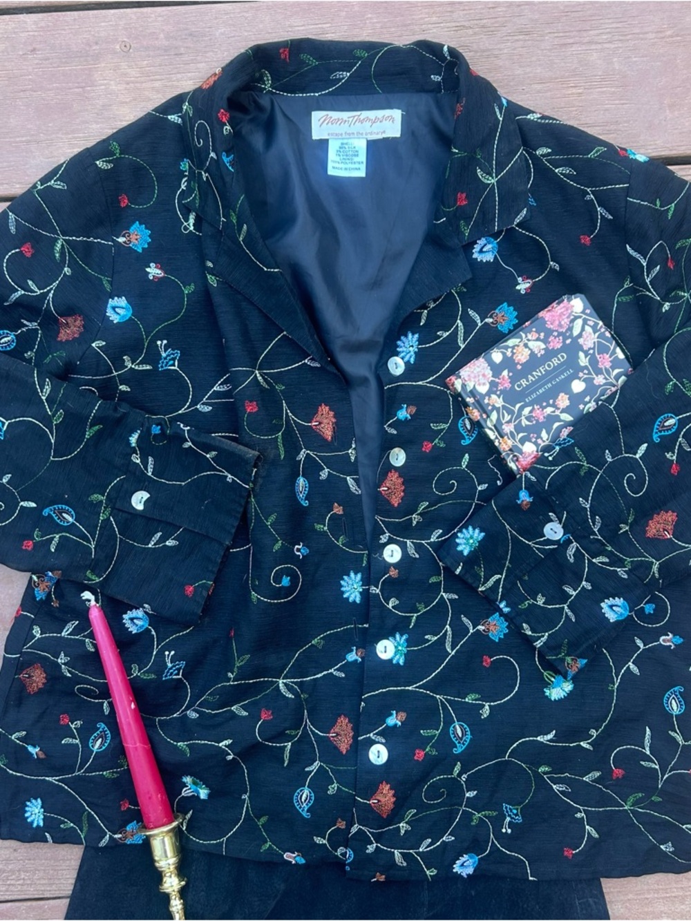 Vintage Embroidered Silk Blazer pearl button top Whimsigoth Witchy Whimsical